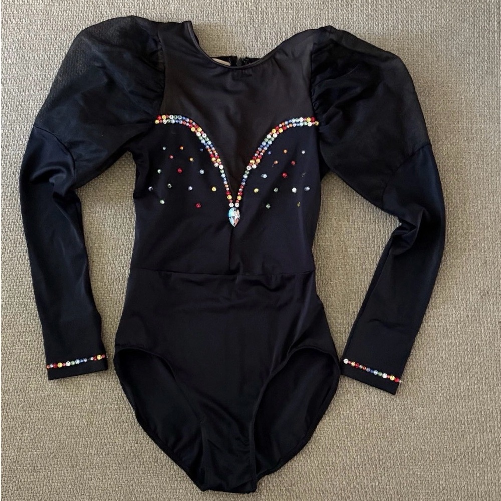 Weissman Leotard Dance Costume Black Embellished Gem Mesh Puff Sleeve Adult S
